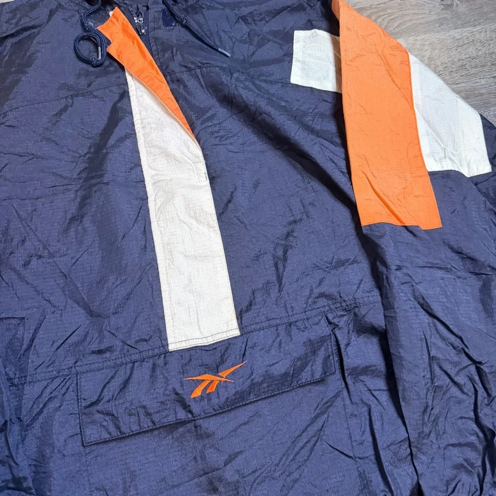 Vintage Reebok Windbreaker Mens XL Navy Orange Colorblock Anorak Hooded Jacket